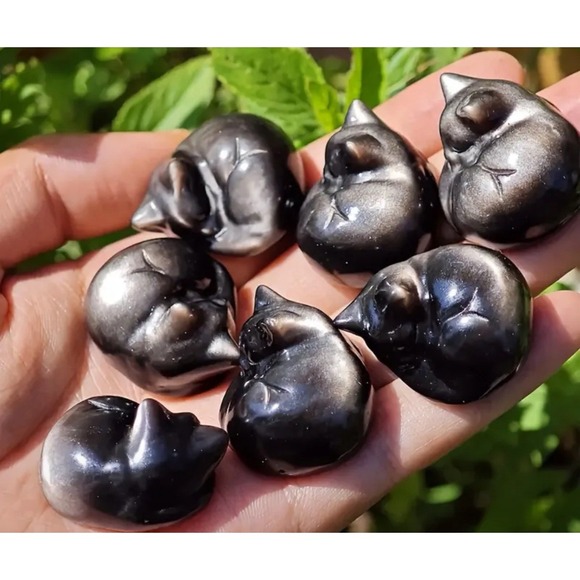 Cat Silver Obsidian Stone Cat hand carved crystal reiki healing 1.5" 1PC - Picture 3 of 6